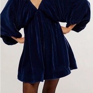 Free People Portia Velvet Mini Dress XS Midnight Rain Blue V-Neck